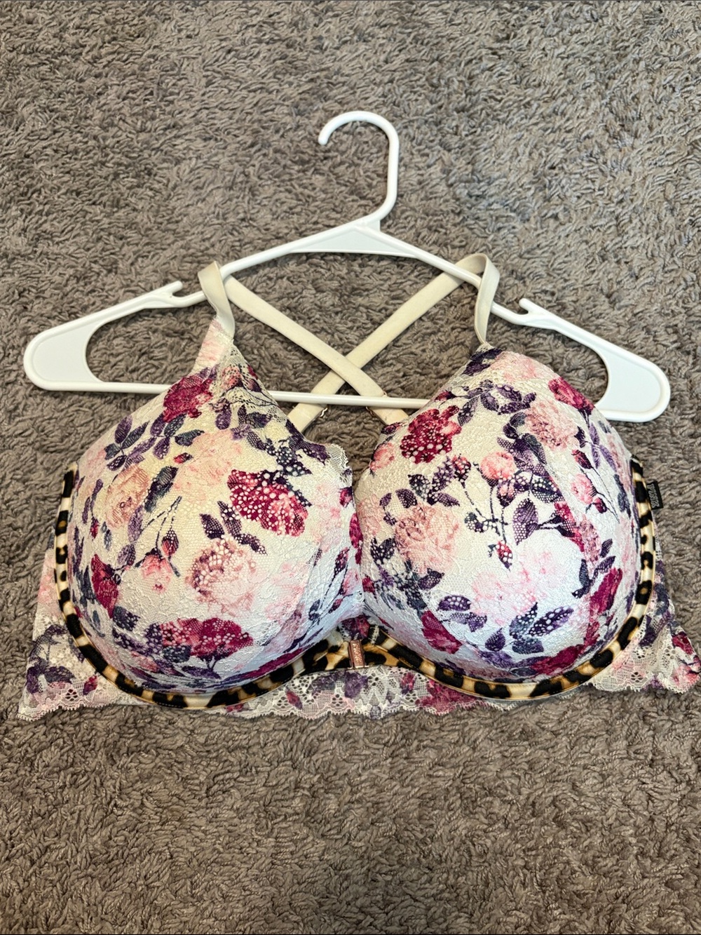 PINK Victoria's Secret Pink Floral Lace Push-Up Bra with Leopard Trim